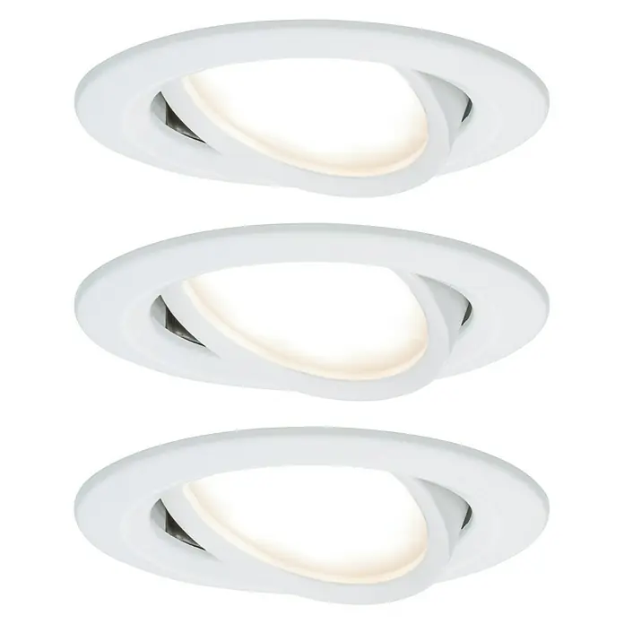 Paulmann Nova LED-Einbauleuchten-Set - 6,5 W, 3 Stk., Warmweiß, 8,4 cm, Weiß - Drei weiße, kreisförmige LED-Deckeneinbaustrahler mit schwenkbaren Leuchtenkörpern auf schwarzem Hintergrund.