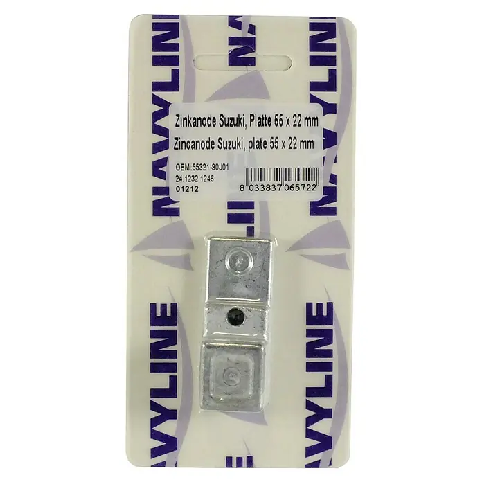 Wellenanode - Zink, Ø x L: 42 x 53 mm, Salzwasser, Passend für: Wellendurchmesser 30 mm - Zinkanode Suzuki Platte 55 x 22 mm, präsentiert auf einer bedruckten Pappkarte mit Navyline-Logo und Produktinformationen.