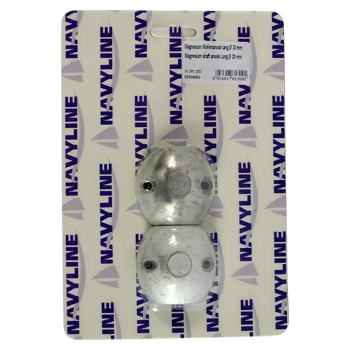 Wellenanode - Magnesium, Wellendurchmesser: 25 mm, Süß- & Brackwasser, Rund - Magnesium Wellenanode lang Ø 30 mm auf einer NAVYLINE Verpackung. Schützt Metallteile vor Korrosion im Wasser.