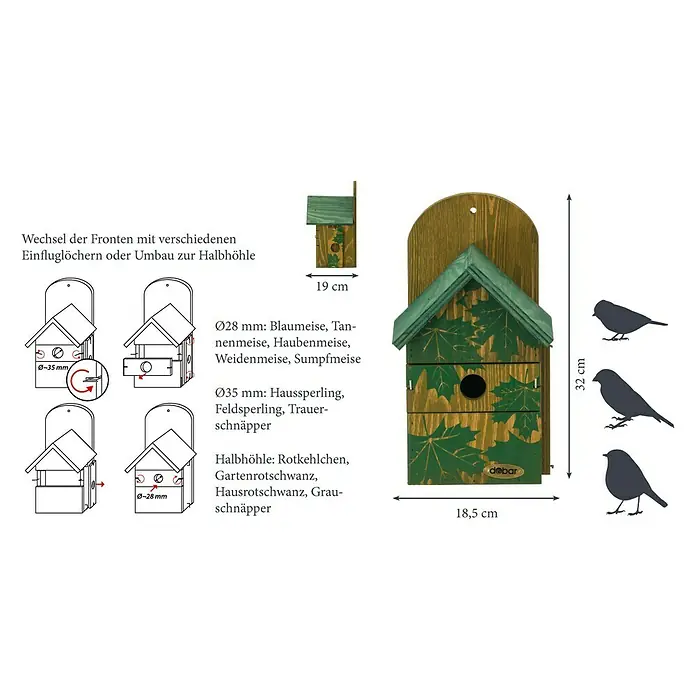 Dobar Nistkasten - 18,5 x 19 x 32 cm, Auswechselbare Einflugsöffnung - Abbildung eines Nistkastens mit verschiedenen Eingangslochgrößen und Abmessungen.