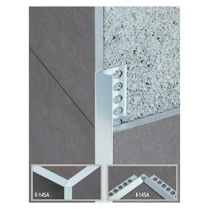 Perfil para baldosas Eurocanto 145A - Aluminio, Plateado, 2,5 m x 10 mm, Otros - Imagen que muestra un perfil plateado para azulejos con recortes redondos, perfecto para acabados de borde y diseño de esquinas.