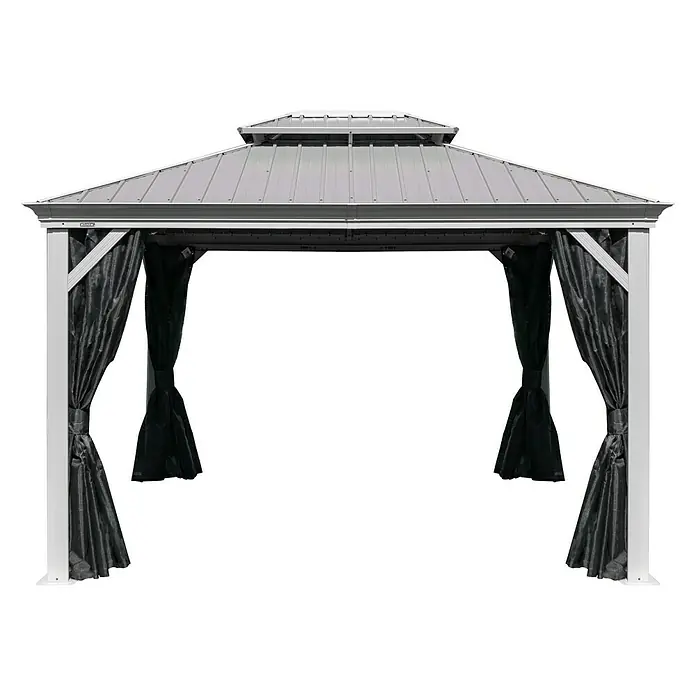 Sojag Standard-Pavillon Messina - B x T: 483 x 363 cm, Farbe Gestell: Champagner, Aluminium - Bild eines Pavillons mit grauem Dach und schwarzen Vorhängen. Der Pavillon bietet einen schattigen und stilvollen Platz im Freien.