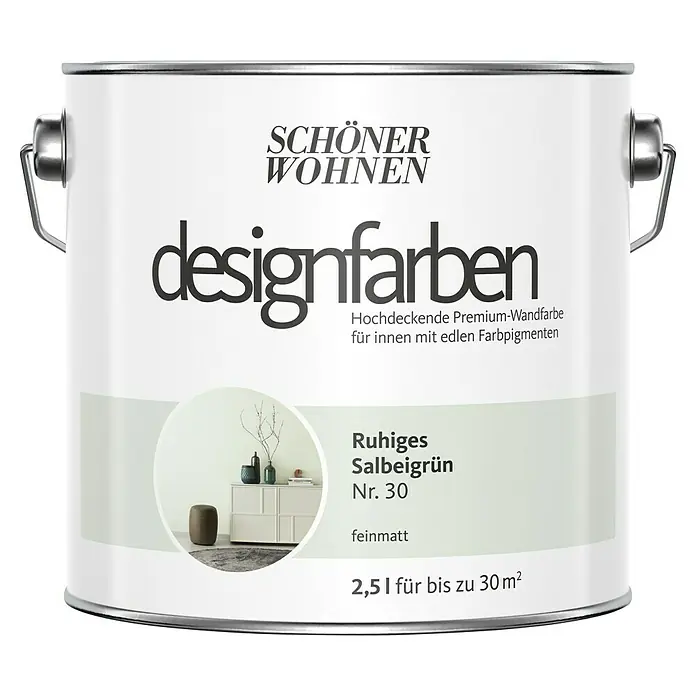 SCHÖNER WOHNEN-Farbe Wandfarbe Designfarbe - Ruhiges Salbeigrün, Matt, 2,5 l, Konservierungsmittelfrei - Dose „Schöner Wohnen Designfarben“ in „Ruhiges Salbeigrün Nr. 30“, eine matte Premium-Wandfarbe für Innenräume mit edlen Farbpigmenten.