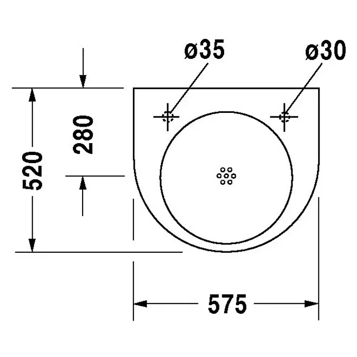 Duravit Architec Waschtisch Vital Med - 57,5 x 52 cm, Ohne Spezialglasur, Hahnloch: Links, Ohne Überlauf, Weiß - Technische Zeichnung eines Wand-Waschbeckens mit Maßen für Installation und Design.