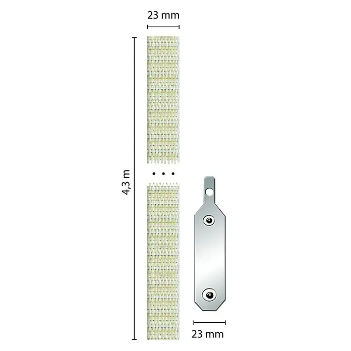Schellenberg Gurtfix MiniLänge: 4,3 m, Gurtbreite: 14 mm, Grau - Produktdarstellung eines 4,3 m langen und 23 mm breiten Textilbandes mit einem Metallverschlussstück.