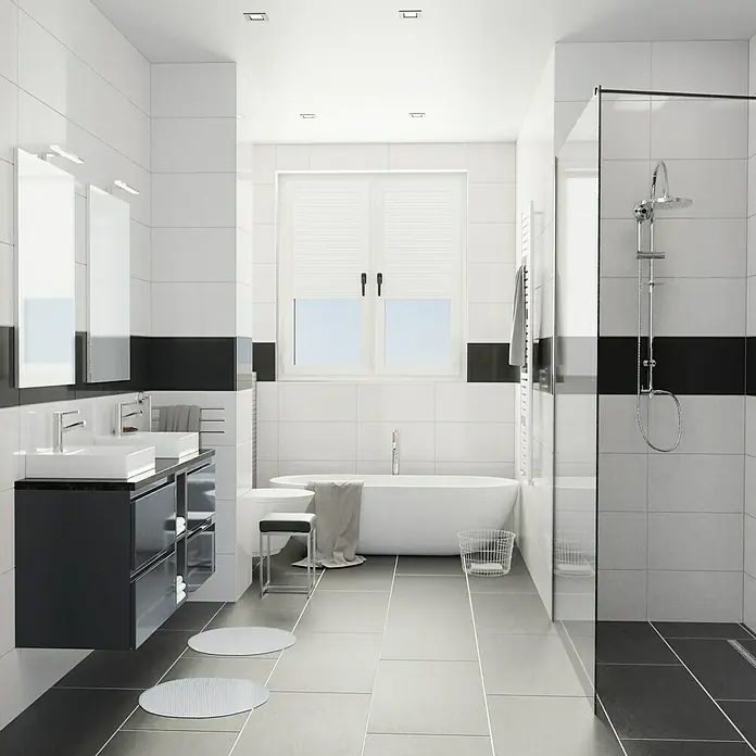 Camargue Espacio Badmöbel-Set M15 - 140 cm, Gama anthrazit glänzend - Modernes Badezimmer mit weißer Badewanne, schwarzem Waschtischunterschrank und ebenerdiger Dusche für ein stilvolles Ambiente.