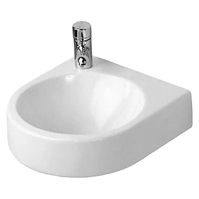 Duravit Architec Waschbecken - 36 x 38 cm, Ohne Spezialglasur, Hahnloch: Links, Weiß - Weißes Eckwaschbecken mit einem glänzenden Chromhahn, ideal für kleine Badezimmer oder Gästetoiletten.