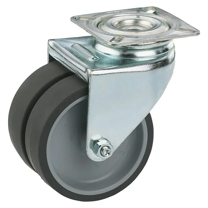 Dörner & Helmer Apparate-Doppelrolle - Durchmesser Rollen: 50 mm, Traglast: 80 kg, Gleitlager, Mit Platte - Schwenkrolle mit doppelter, grauer Lauffläche und verzinkter Stahlhalterung für hohe Belastbarkeit und leichtes Manövrieren.