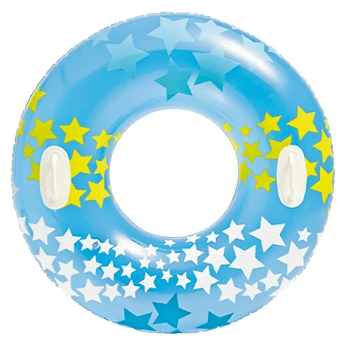 Intex Aro flotador Estrella - Plástico, Rosa - Un flotador azul claro con un patrón de estrellas en blanco, amarillo y azul y dos asas blancas.