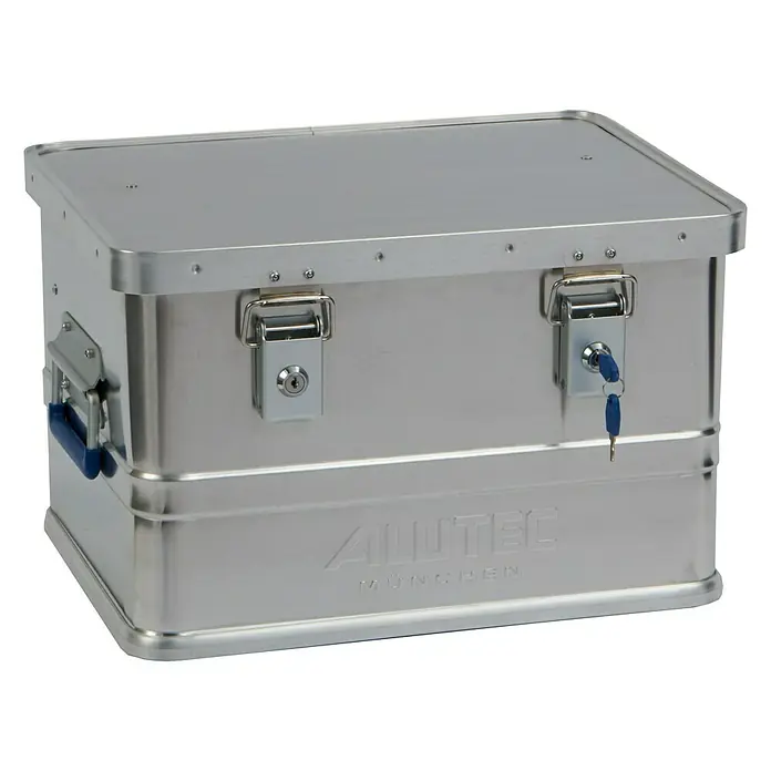 Alutec München Aufbewahrungs- & Transportbox Classic 30 - L x B x H: 430 x 335 x 270 mm, 30 l, Aluminium - Silberfarbener Allutec-Aluminiumkoffer mit zwei Schlössern und einem blauen Griff. Ideal für sicheren Transport und Aufbewahrung.
