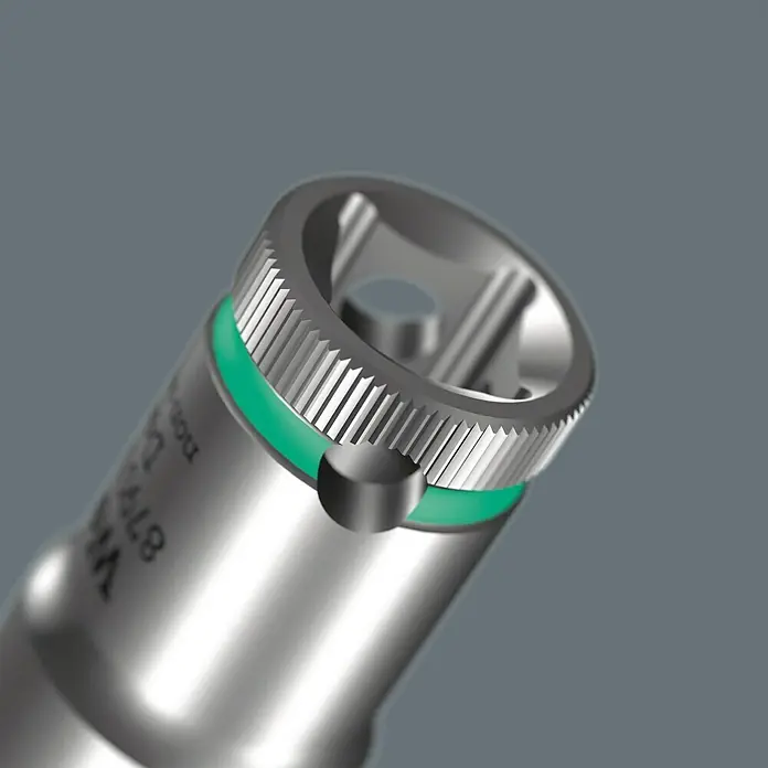 Wera Steckschlüsseleinsatz 8790 HMA - Schlüsselweite: 4 mm, Antriebsgröße: ⅜″ - Nahaufnahme des Wera 8794 C Zyklop Speed Umschalters mit Schnellumschaltung für präzises Schrauben.