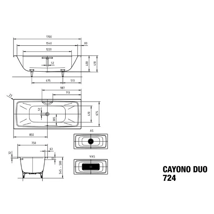 Kaldewei Badewanne Cayono Duo 724 - 170 x 75 cm, Stahl-Email, Alpinweiß - Eine schematische Darstellung der Cayono Duo 724 Badewanne mit Maßen und Ansichten für Installationszwecke.