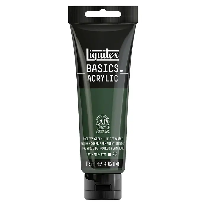 Liquitex Basics Acrylfarbe - Hookersgrün, 118 ml - Eine Tube Liquitex Basics Acrylfarbe in Hooker's Green Hue Permanent. Ideal für Künstler und Studenten, die hochwertige Farben suchen.