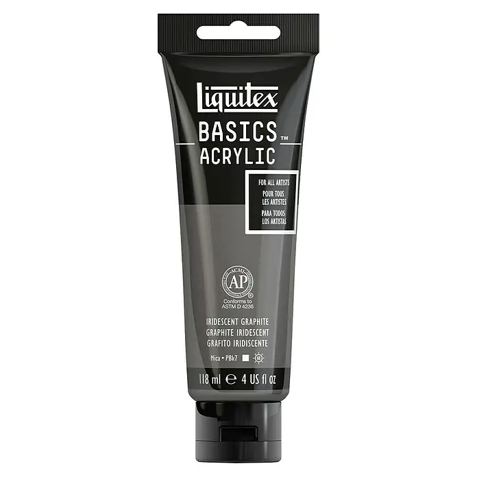Liquitex Basics Acrylfarbe - Irisierendes Graphit, 118 ml - Eine Tube Liquitex Basics Acrylfarbe in der Farbe Schimmerndes Graphit. Die Tube enthält 118ml Farbe.