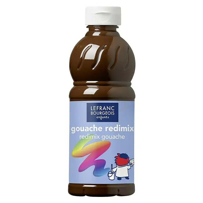 Lefranc & Bourgeois Gouachefarbe Redimix - Umbra gebrannt, 500 ml, Flasche - Ein braunes Lefranc Bourgeois Gouache Redimix für Kinder in einer Plastikflasche mit weißem Deckel, ideal für junge Künstler.