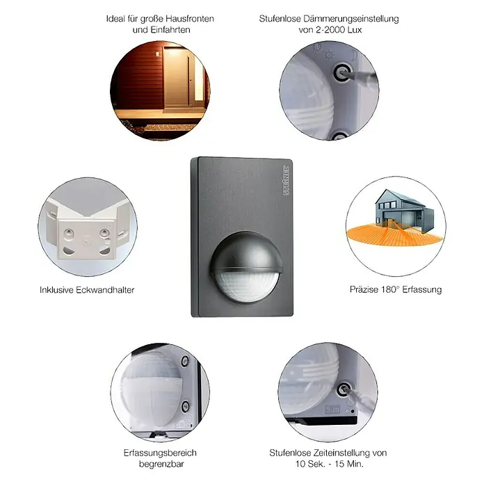 Steinel Bewegungsmelder IS 180-2 anthrazit - Reichweite Sensor: 12 m, Anthrazit, Erfassungswinkel Sensor: 180 °, L x B x H: 56 x 76 x 120 mm - Produktdarstellung des Steinel Bewegungsmelders mit Beschreibungen seiner Funktionen und Einsatzmöglichkeiten.