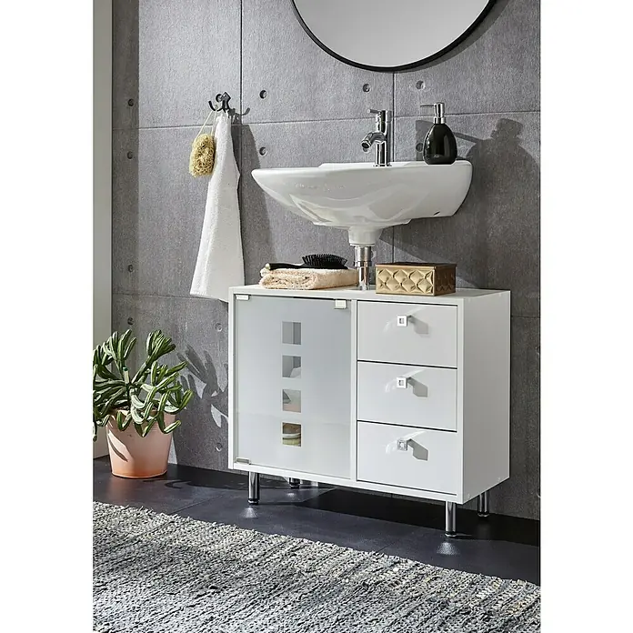 Riva Waschtischunterschrank Quadro - 67 x 29,5 x 58,5 cm, Weiß, Matt - Ein Waschbeckenunterschrank in Weiß mit einer Tür und Schubladen, perfekt für stilvolle Badezimmeraufbewahrung.