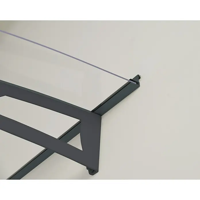 Palram – Canopia Pultvordach Aquila - 412 x 91,5 x 17,5 cm, Anthrazitgrau, Farbe Dach: Klar - Aufnahme einer modernen grauen Vordachkonstruktion mit klarem Glas, die an einer Wand befestigt ist.