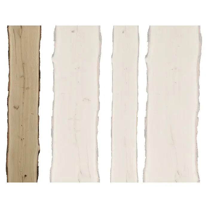 Blockware - Eiche, Anfallende Breite: 26 cm - 30 cm, 120 x 2,6 cm - Vier naturbelassene Holzbretter, eines in Naturfarbe, drei weiß, für rustikale Möbel oder dekorative Akzente.