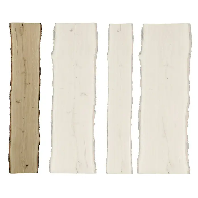 Blockware - Eiche, Anfallende Breite: 26 cm - 30 cm, 120 x 2,6 cm - Vier naturbelassene Holzbretter, eines in Naturfarbe, drei weiß, für rustikale Möbel oder dekorative Akzente.