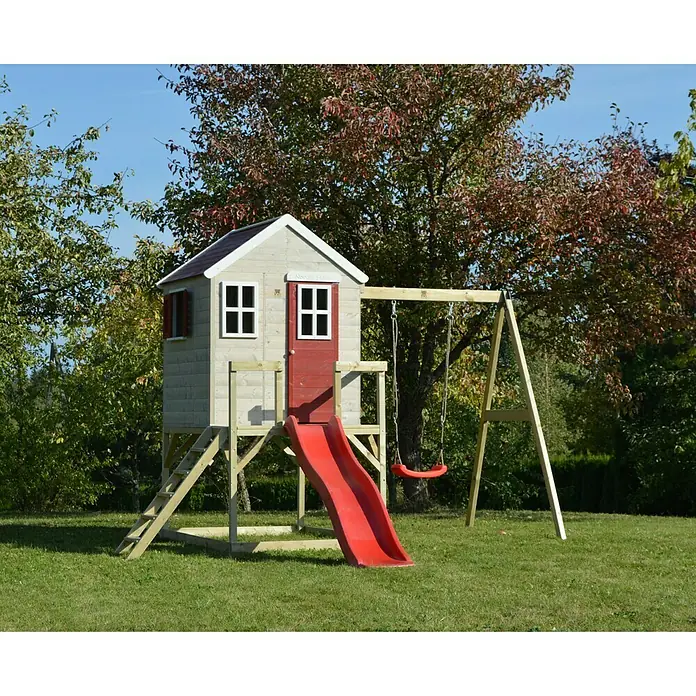 Wendi Toys Spielhaus Elefant - Glas, Natur/Rot - Ein hölzernes Spielhaus mit roter Rutsche und Schaukel im Garten. Perfekt für Kinder zum Spielen und Spaß haben im Freien.