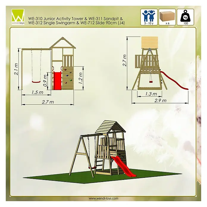 Wendi Toys Kinderspielturm Panda - Natur/Rot - Abbildung des WE-310 Junior Activity Tower & WE-311 Sandpit & WE-312 Single Swingarm & WE-712 Slide 90cm (J4) Spielturms von Wenditoys.