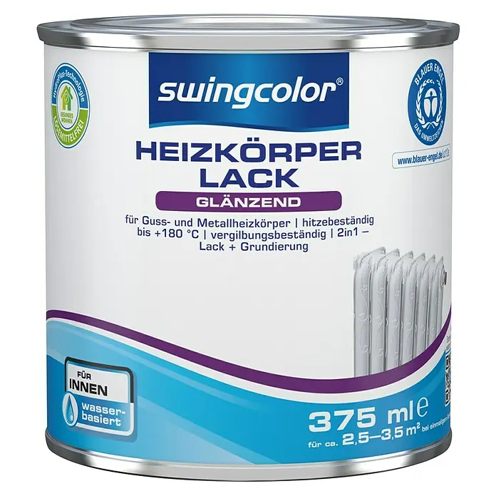swingcolor Heizkörperlack Acryl - Weiß, Glänzend, 375 ml, Wasserbasiert - Dose Swingcolor Heizkörperlack glänzend, geeignet für Heizkörper aus Guss und Metall, hitzebeständig bis 180°C, Inhalt 375 ml.