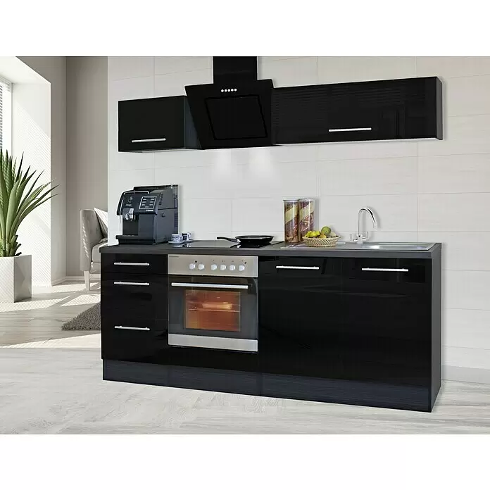 Respekta Premium Composición de cocina Amanda - Ancho: 210 cm, Negro, Con electrodomésticos - Mueble de cocina moderno negro brillante con horno integrado, placa, fregadero, campana extractora y cafetera.