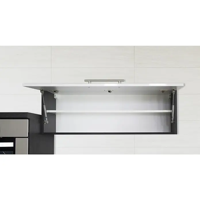 Respekta Premium Küchenzeile RP270EGCBO - Breite: 270 cm, Grau, Mit Elektrogeräten - Innenansicht eines weißen und schwarzen Küchenschranks mit Edelstahlelementen.