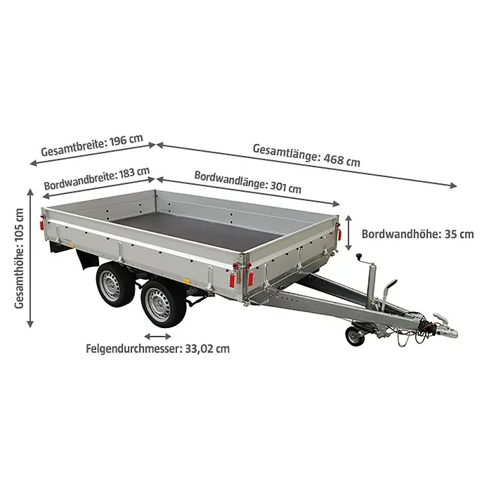 Stema Anhänger BASIC SH 2000-30-18.2 - Nutzlast: 1.520 kg, Doppelachser, Kasteninnenmaß: 301 x 183 x 35 cm, Gebremst - Abbildung eines silbernen Anhängers mit Größenangaben wie Gesamtlänge, -breite und -höhe, sowie Bordwandmaße und Felgendurchmesser.
