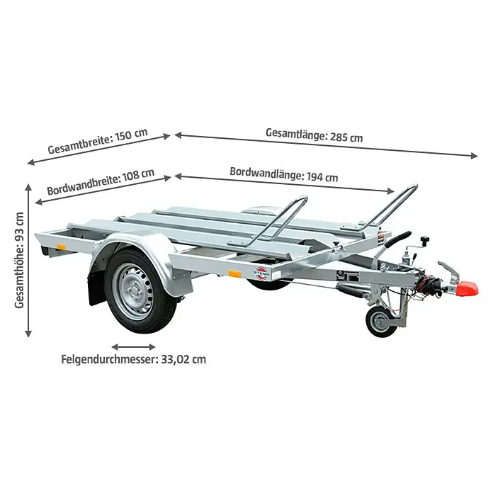 Stema Motorradanhänger MT 850 BS2 - Geeignet für: 2 Motorräder, Nutzlast: 663 kg, Einachser, Gebremst - Abbildung eines Motorradanhängers mit Maßangaben zu Gesamtlänge, Breite, Höhe und Felgendurchmesser.