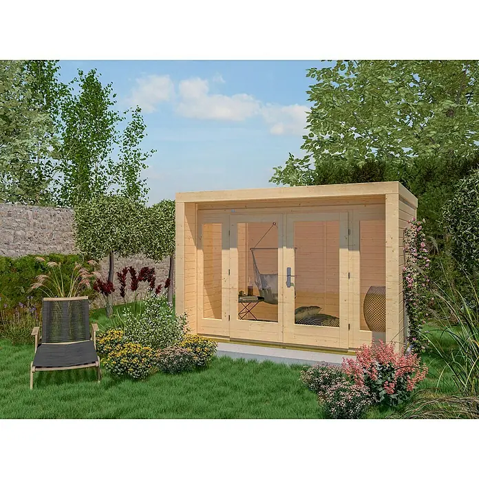 Weka Gartenhaus 263 - Außenmaß inkl. Dachüberstand (B x T): 305 x 316 cm, Holz, Natur, 8,7 m² - Holzgartenhaus mit Doppelglastüren in idyllischer Gartenumgebung, ideal für Entspannung und als stilvoller Rückzugsort im Freien.