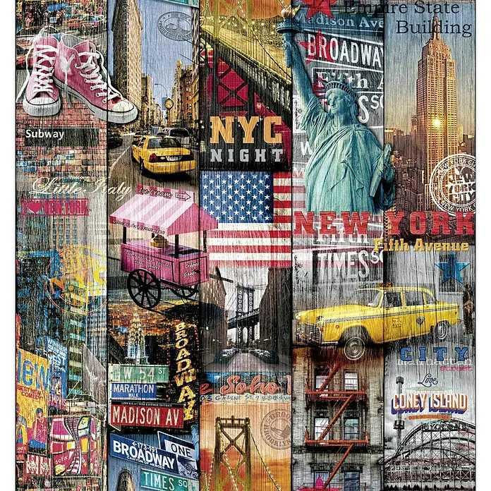 Lámina decorativa autoadhesiva vinílico New york - 45 x 200 cm, Multicolor - Arte mural de la ciudad de Nueva York con lugares emblemáticos como la Estatua de la Libertad y el Empire State Building.