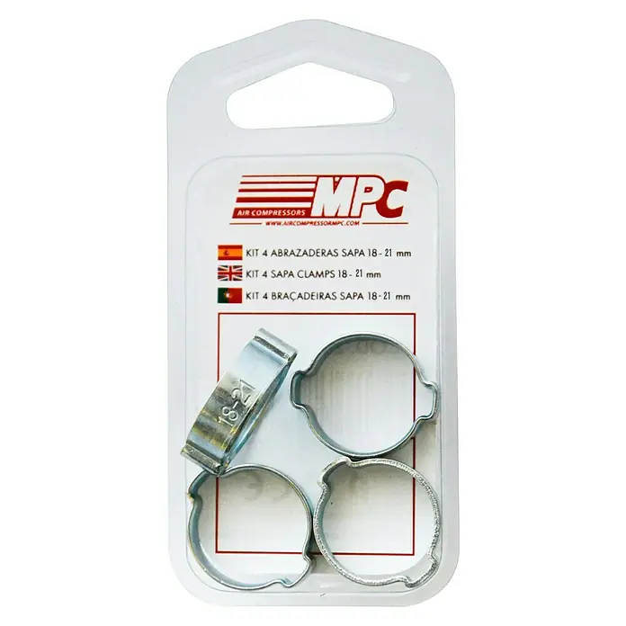 MPC Surtido de abrazaderas para manguera SAPA 18-21 - 4 ud. - Primer plano de un kit de 4 abrazaderas SAPA (18-21 mm) de MPC Air Compressors, ideal para diversas aplicaciones.