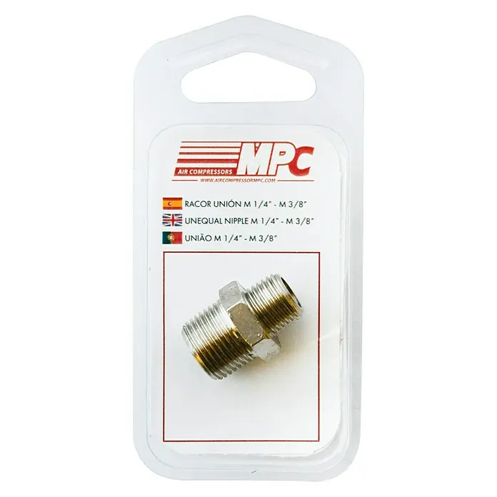 MPC Racor de conexión macho - ¼ - ⅜″ - Imagen de un racor unión reductor MPC 1/4" - M 3/8" en embalaje transparente.