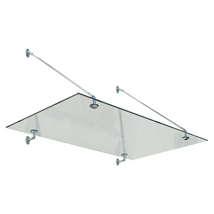 Palram – Canopia Vordach Finn - 140 x 90 x 40 cm, Silber - Eine Glasüberdachung mit silbernen Halterungen, die eine moderne und elegante Note verleiht. Ideal für den Eingangsbereich.