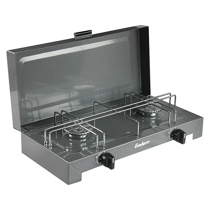 Enders Gaskocher Canberra - 4,6 kW, 43 x 26 x 10 cm - Tragbarer Enders Gaskocher mit zwei Flammen und verchromtem Topfkreuz für Camping und Outdoor-Küche.