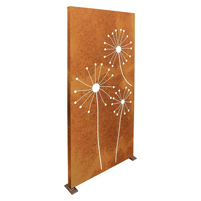 Palatino Space Vertical Sichtschutzelement Stella - 87 x 180 cm, Edelrost, Stella - Rostfarbener Sichtschutz aus Metall mit weißem Pusteblumendesign, ideal für den Garten.