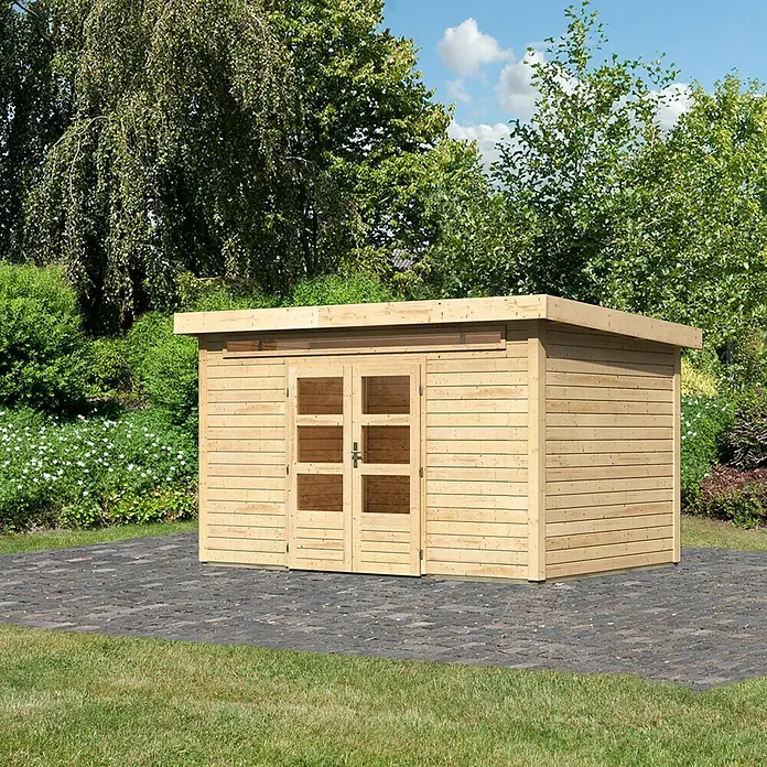 Karibu Gartenhaus Kandern 7 - Außenmaß inkl. Dachüberstand (B x T): 396 x 273 cm, Holz, Natur - Ein geräumiges Gartenhaus aus Holz mit Doppeltüren und Flachdach, ideal für die Aufbewahrung von Gartengeräten und -möbeln.