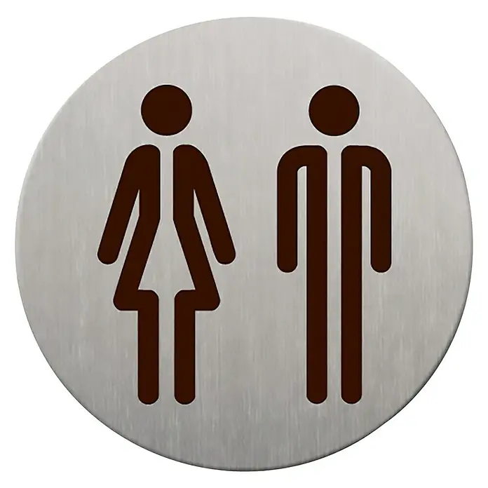 Rótulo - Plateado/Negro, Aseo mixto - Un letrero redondo con pictogramas de un hombre y una mujer, indicando un baño público. Designación clara para baños de hombres y mujeres.