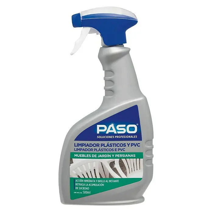 Paso Limpiador Plásticos y PVC - 500 ml - Limpiador en spray Paso para plásticos y PVC, ideal para muebles de jardín y persianas, proporciona brillo inmediato y retarda la acumulación de suciedad.
