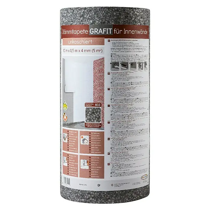 Dämmtapete GrafitKaschierung: Ohne, Max. Anwendungsfläche: 5 m², Höhe: 0,4 cm - Graue Dämmtapete GRAFIT für Innenwände, unkaschiert, in Rollenform. Ideal zur Wärmeisolierung und Schallreduzierung in Innenräumen.