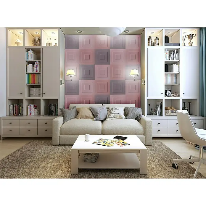Rosette Heike - Expandiertes Polystyrol (EPS), Modern, Weiß - Wohnzimmer mit Bücherregalen, Sofa, Couchtisch und Teppich. Die Wand ist mit einem modernen 3D-Panel in Rosa- und Grautönen verziert.