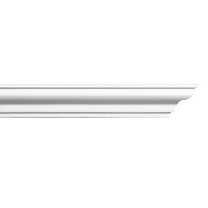 Zierprofil E 24 - 200 cm x 70 mm x 7 cm, XPS-Hartschaumplatten - Abbildung einer weißen Zierleiste. Diese Leiste ist ideal für dekorative Wand- und Deckenabschlüsse und verleiht Räumen Eleganz.