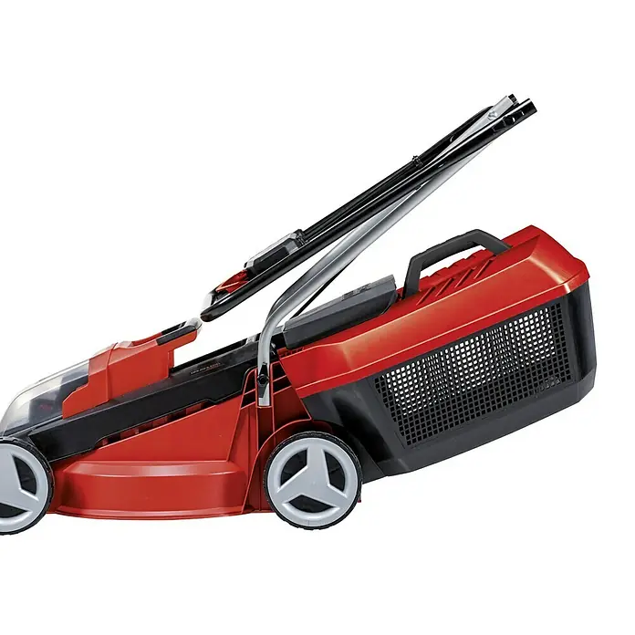Einhell Power X-Change 18V Akku-Rasenmäher GE-CM 18/30 Li-Solo - 18 V, Li-Ionen, Ohne Akku, Schnittbreite: 30 cm - Ein roter Rasenmäher mit einem schwarzen Griff und einem schwarzen Fangkorb. Ideal für jeden Garten!