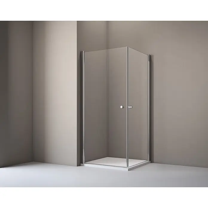 Corniche Eckdusche Light - L x B x H: 80 x 80 x 190 cm, Unbeschichtet, Silber, Glasstärke: 5 mm - Ein Eckdusche mit klaren Glaswänden und silbernen Rahmen in einem Badezimmer. Elegantes Design für moderne Bäder.