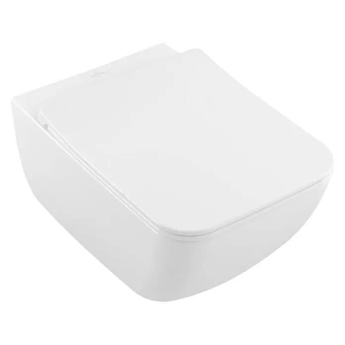 Villeroy & Boch Venticello Wand-WC-Set Slim - Spülrandlos, Mit schmutzabweisender Glasur, Spülform: Tief, WC Abgang: Waagerecht, Weiß - Das Bild zeigt eine weiße, wandhängende Toilette mit geschlossenem Deckel vor einem weißen Hintergrund.