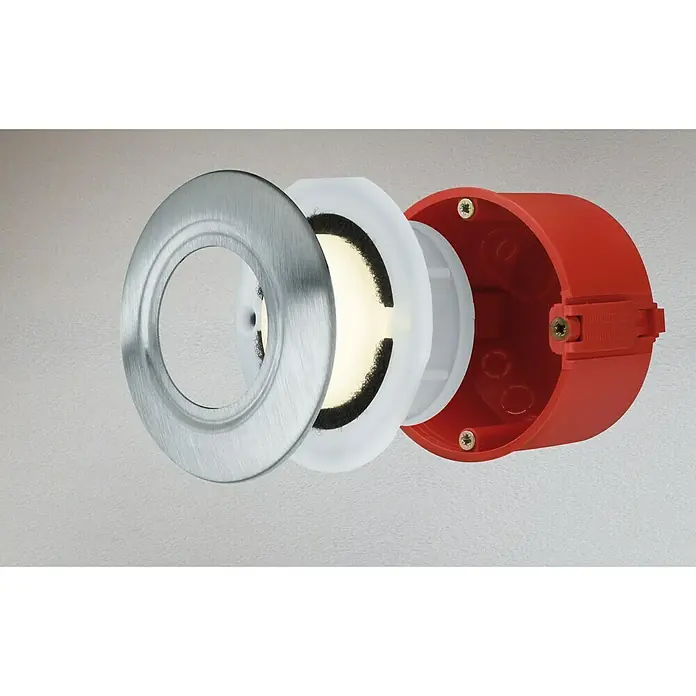Paulmann Special Line LED-Einbauleuchte - 1,4 W, Weiß, Warmweiß, IP65 - Explosionszeichnung einer runden Unterputz-Wandleuchte mit gebürstetem Metallrahmen, weißem Diffusor und roter Einbaudose.