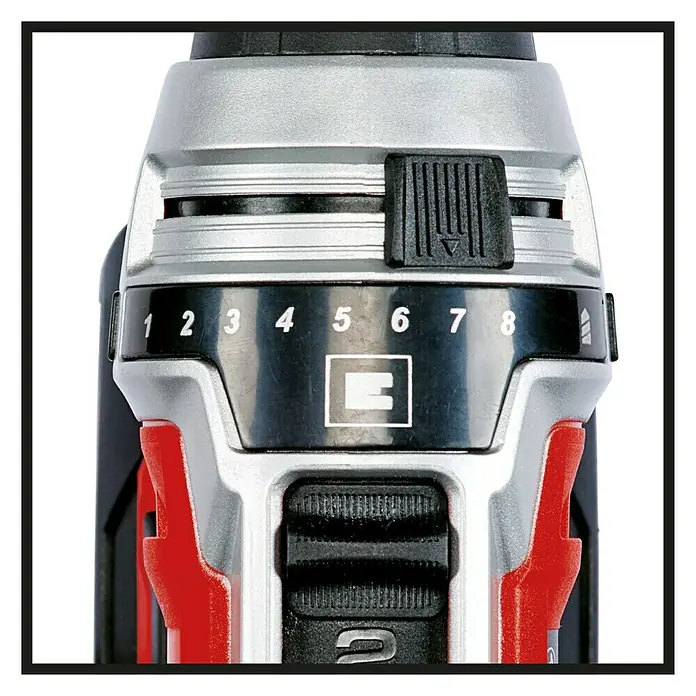 Einhell Power X-Change 18V Akku-Bohrschrauber TE-CD 18 Li E-Solo - 18 V, Ohne Akku - Nahaufnahme der Drehmomenteinstellung eines Einhell-Akkuschraubers, die verschiedene Stufen für präzises Schrauben bietet.