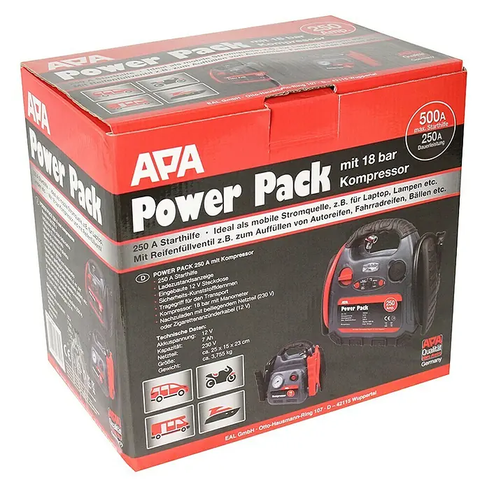 APA Energiestation Powerpack Max 500A Starthilfe - Kapazität: 7 Ah - Bild zeigt die Verpackung eines APA Power Packs mit 18 bar Kompressor, 250 A Starthilfe, ideal für mobile Stromquelle.
